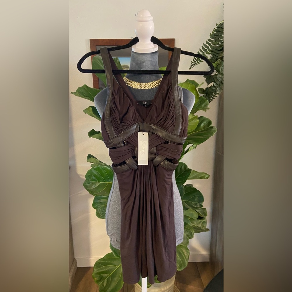 Sky Brown Sheath leather Dress Halter Sleeveless Cocktail